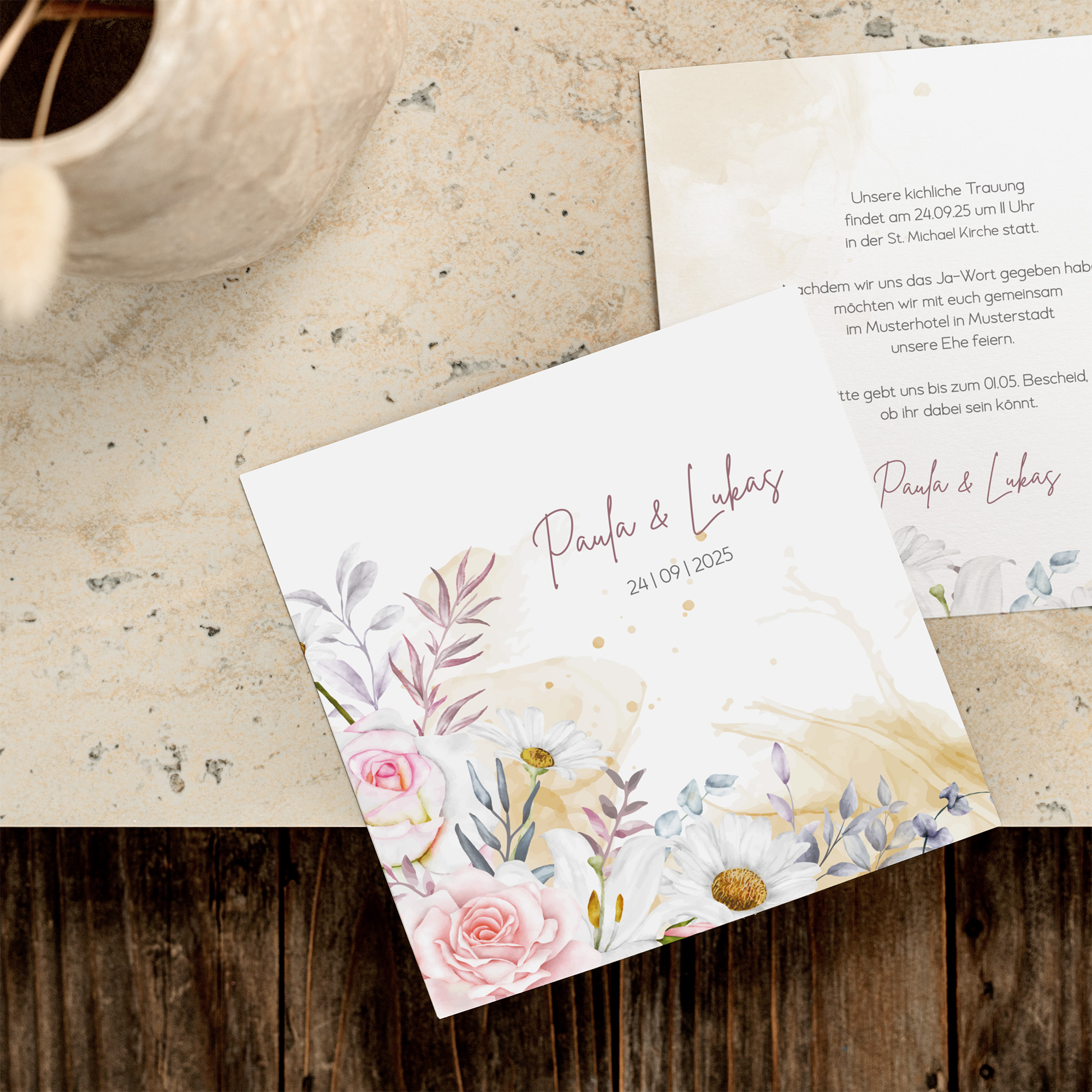 Postkarte Quadrat - Aquarell "lily & rose"