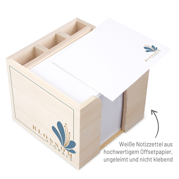 Zettelbox aus echtem Holz mit Stifteköcher 10 x 10 x 8,5 cm Siebdruck Zettelbox aus echtem Holz mit Stifteköcher 10 x 10 x 8,5 cm Siebdruck