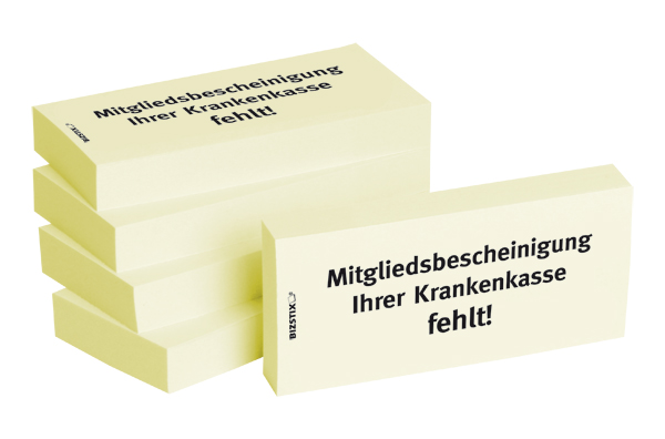 BIZSTIX® Business Haftnotizen "Mitgliedsbescheinigung Ihrer Krankenkasse fehlt!"