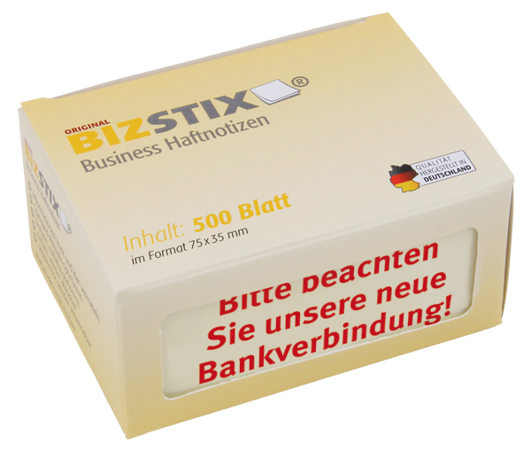 BIZSTIX® Business Haftnotizen "Bitte beachten Sie unsere neue Bankverbindung!" BIZSTIX® Business Haftnotizen "Bitte beachten Sie unsere neue Bankverbindung!"