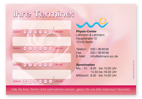 Terminzettel "zarte Rose" - 4 Termine mit Wochentagen Terminzettel "zarte Rose" - 4 Termine mit Wochentagen