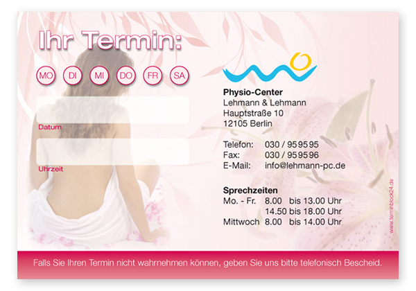 1214010108 Terminzettel "natürlich schön" - 1 Termin mit Wochentagen Terminzettel "natürlich schön" - 1 Termin mit Wochentagen