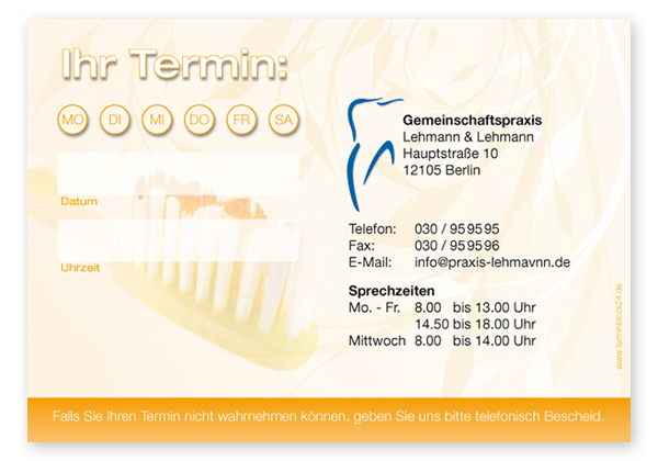 1214010126 Terminzettel "Zahnbürste" - 1 Termin mit Wochentagen Terminzettel "Zahnbürste" - 1 Termin mit Wochentagen