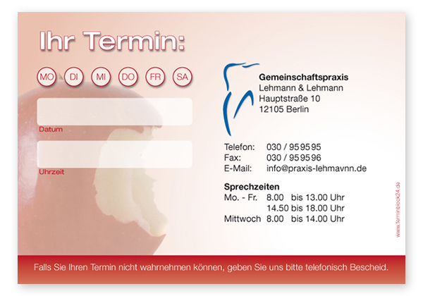 Terminzettel "bissfest" - 1 Termin mit Wochentagen Terminzettel "bissfest" - 1 Termin mit Wochentagen