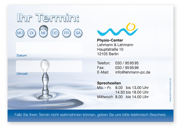 1214010116 Terminzettel "kühler Tropfen" - 1 Termin mit Wochentagen Terminzettel "kühler Tropfen" - 1 Termin mit Wochentagen
