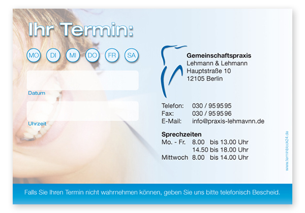 Terminzettel "healthy Smiles" - 1 Termin mit Wochentagen