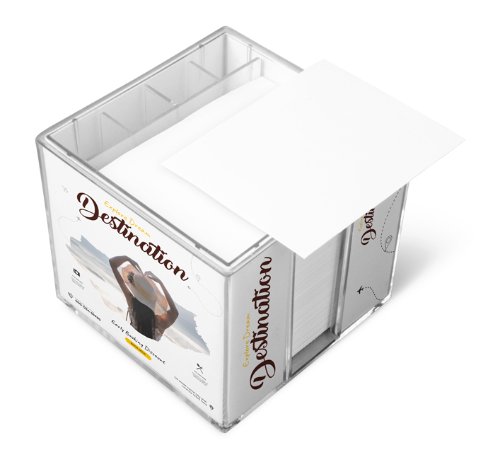Doppelwandige Zettelbox mit Stifteköcher im Digitaldruck Doppelwandige Zettelbox mit Stifteköcher im Digitaldruck