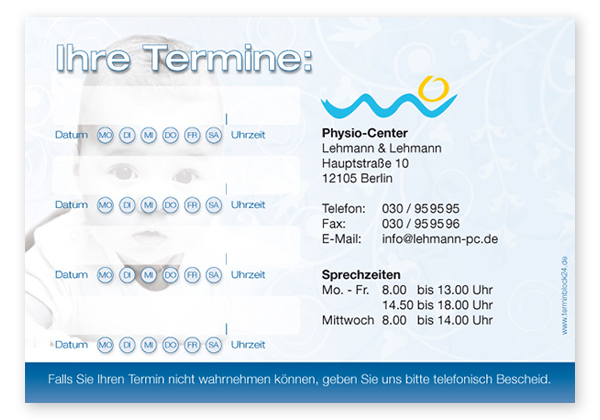 Terminzettel "Baby Smiley" - 4 Termine mit Wochentagen Terminzettel "Baby Smiley" - 4 Termine mit Wochentagen