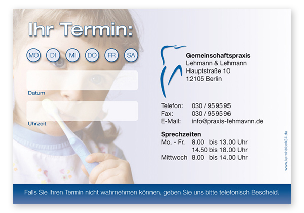 Terminzettel "gesundes Kind" - 1 Termin mit Wochentagen