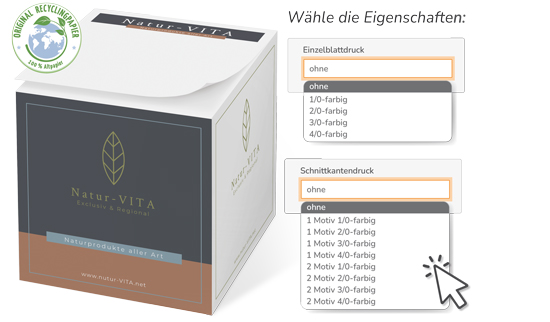 1018100011-RECY Notiz-Zettelklotz 10 x 10 x 10 cm Recycling Siebdruck mit Varianten Notiz-Zettelklotz 10 x 10 x 10 cm Recycling Siebdruck mit Varianten